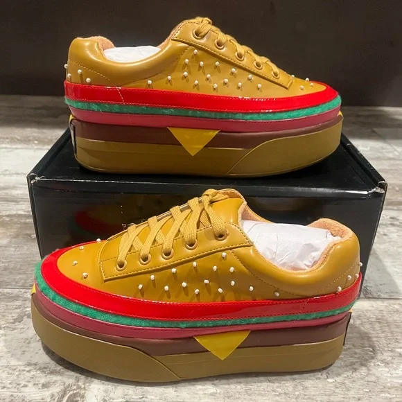 Current Mood Extra Cheese Plz Burger Sneakers Platform Vegan Leather Beaded - Picture 5 of 9